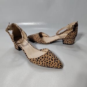 Lulus Lucinda Tan and Black Baby Cheetah Suede Ankle Strap Pumps Sz 6.5